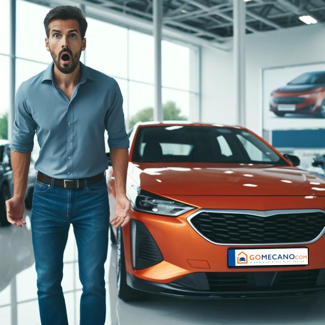 Homme devant une voiture orange 