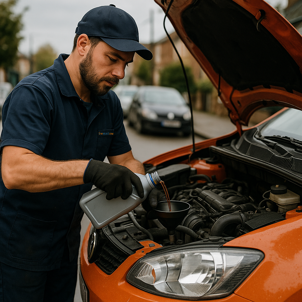 Gomécanicien qui met de l'huile moteur dans une voiture orange par GOMECANO.COM