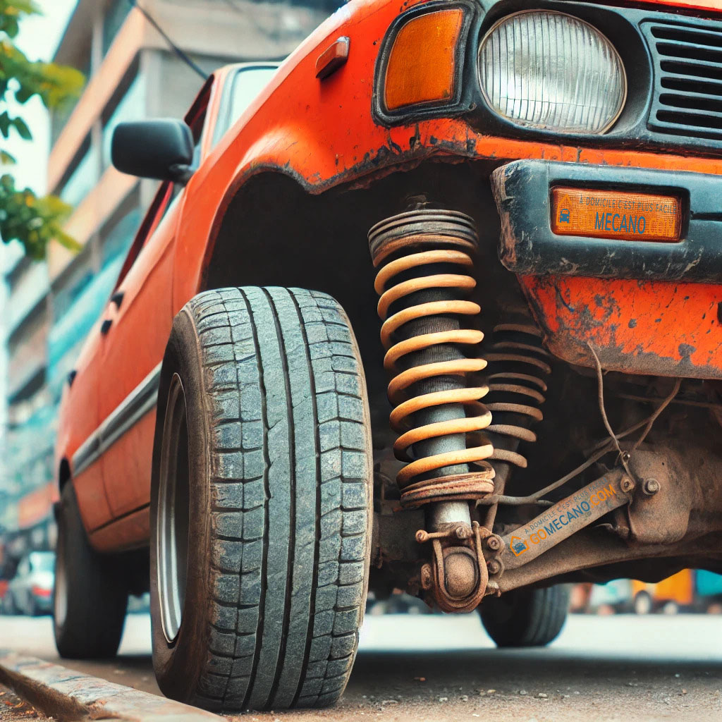 Voiture orange avec les amortisseurs très usés par GOMECANO.COM