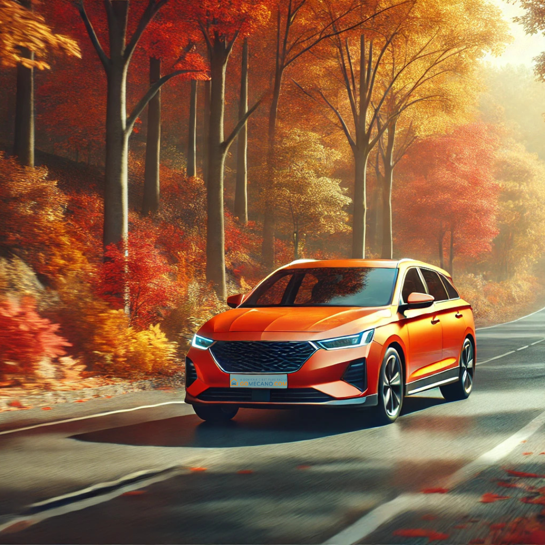 Voiture orange qui roule durant l'automne par GOMECANO.COM