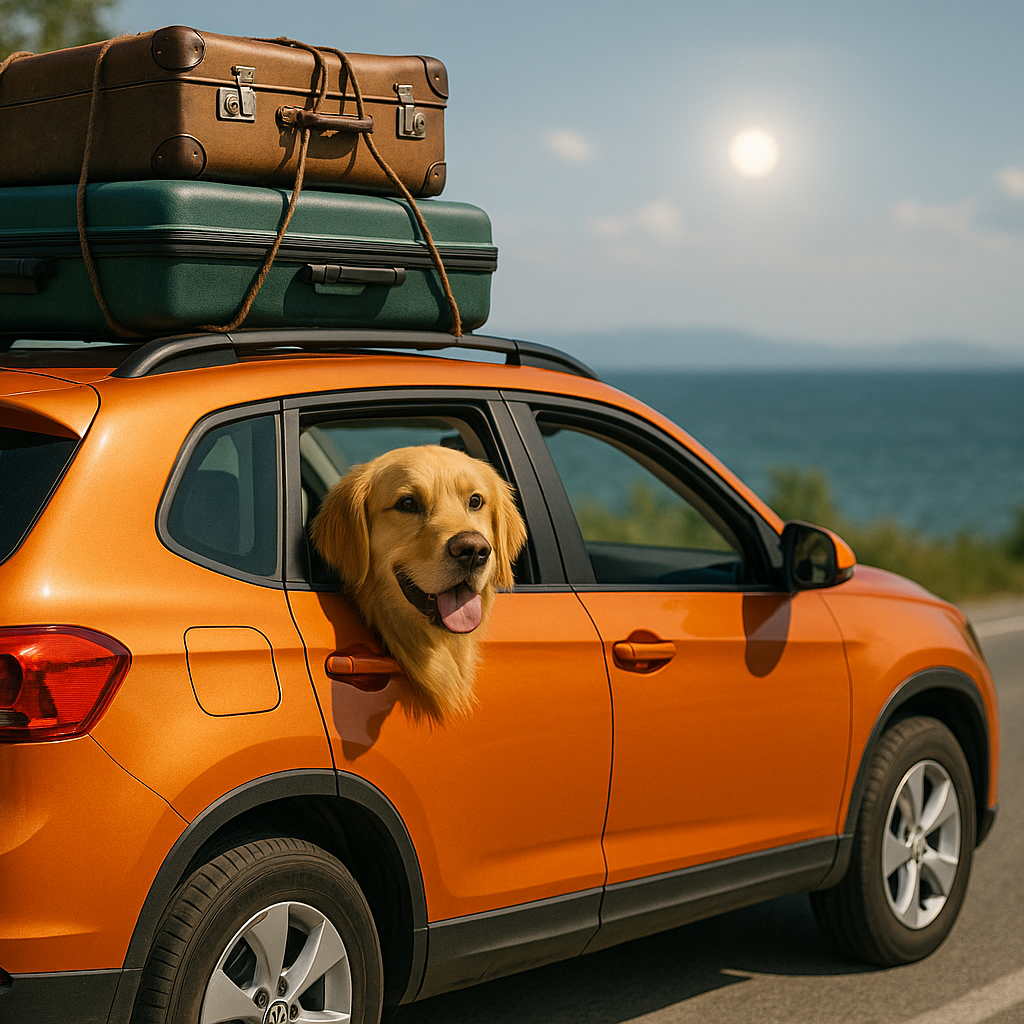 Chien qui part avec ses maîtres en vacances en voiture par GOMECANO.COM