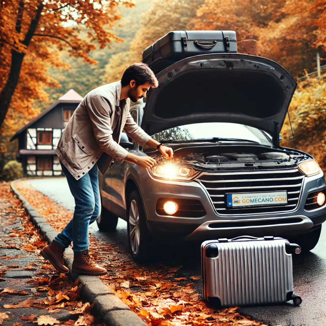 Homme qui s'apprête à partir en week-end et qui check sa voiture par GOMECANO.COM
