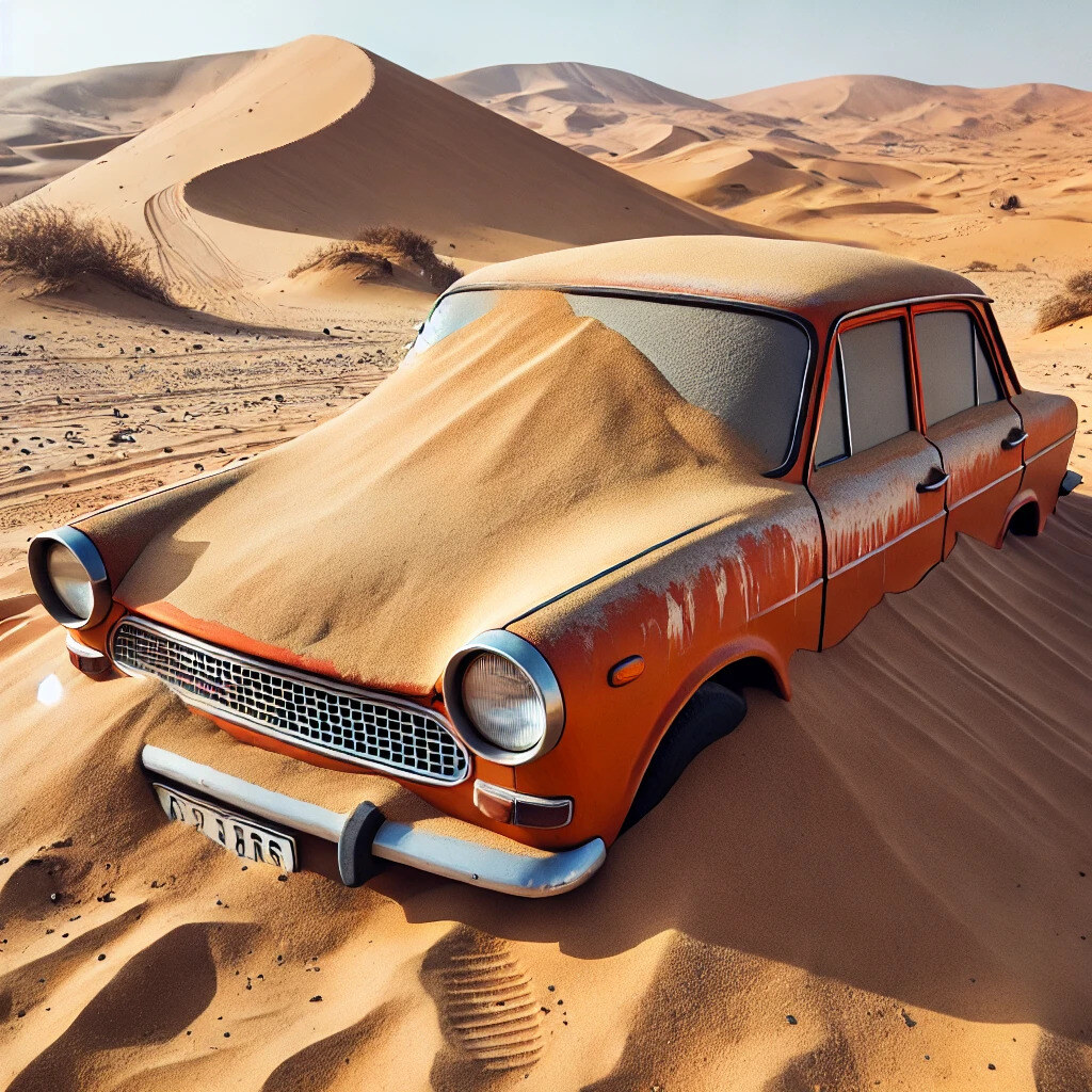 Voiture orange sous le sable durant l'été par GOMECANO.COM