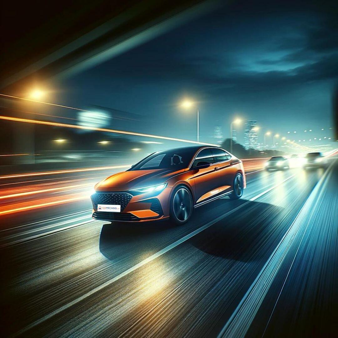 Voiture orange qui roule de nuit sur l'autoroute en toute sécurité grâce aux conseils de GOMECANO.com