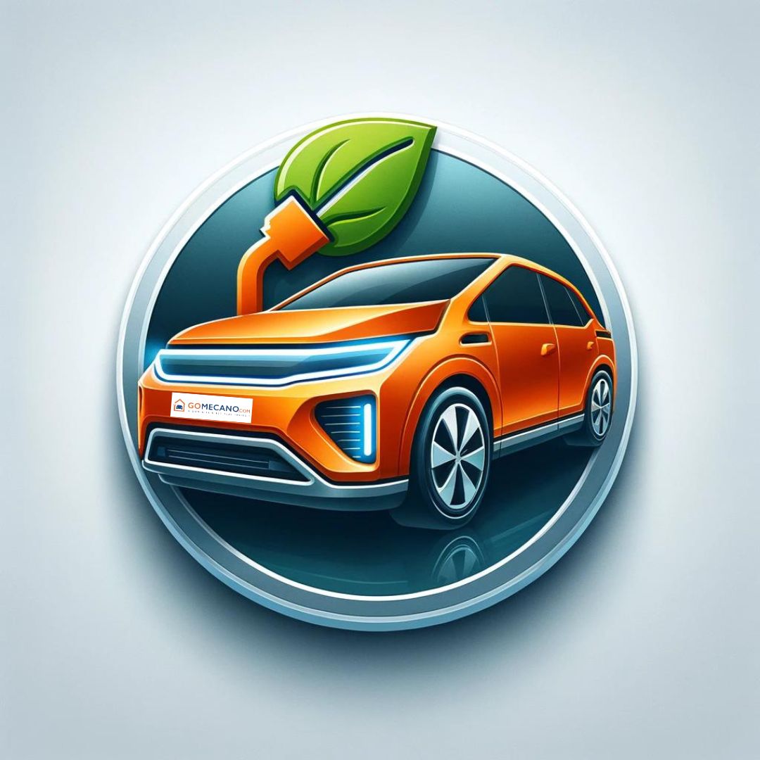 Voiture hybride orange avec prise de recharge en forme de feuille par GOMECANO.com