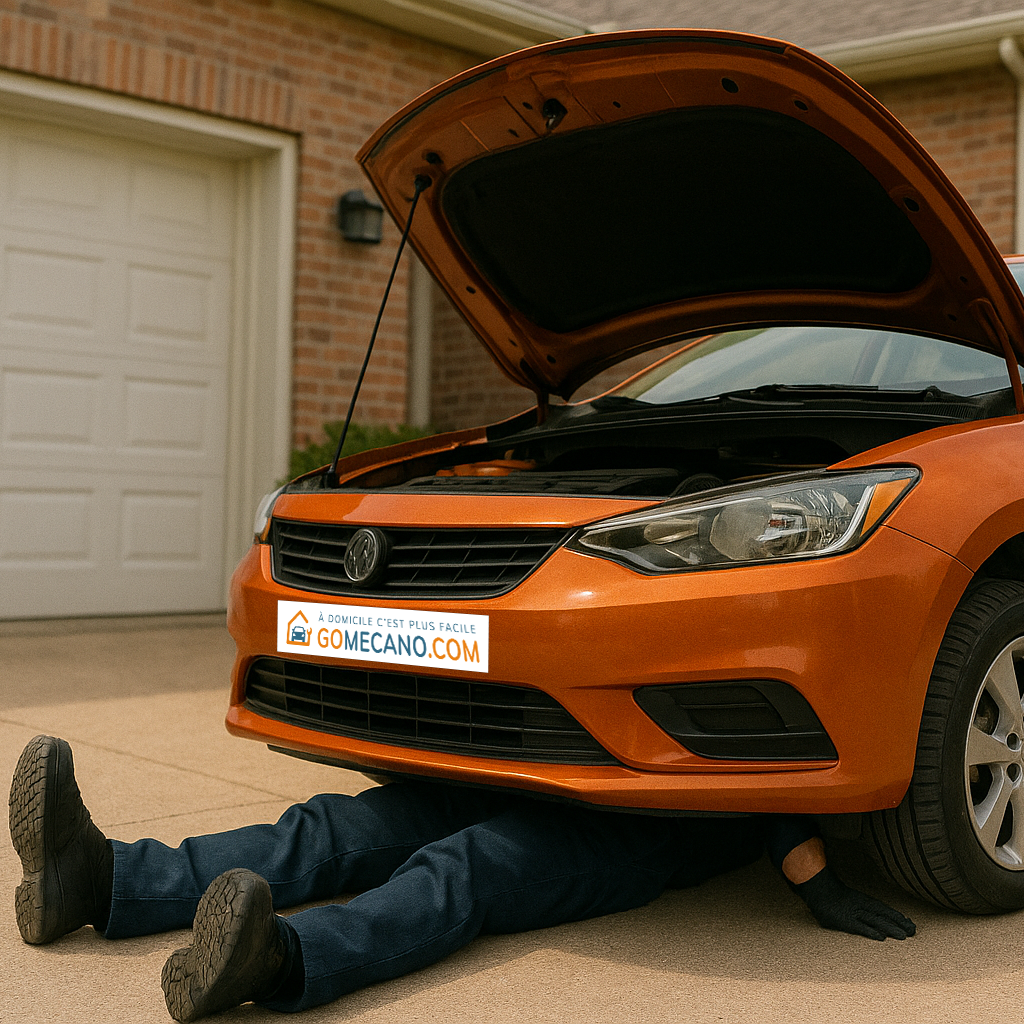 Gomécanicien qui fait une vidange sur un véhicule orange par GOMECANO.COM