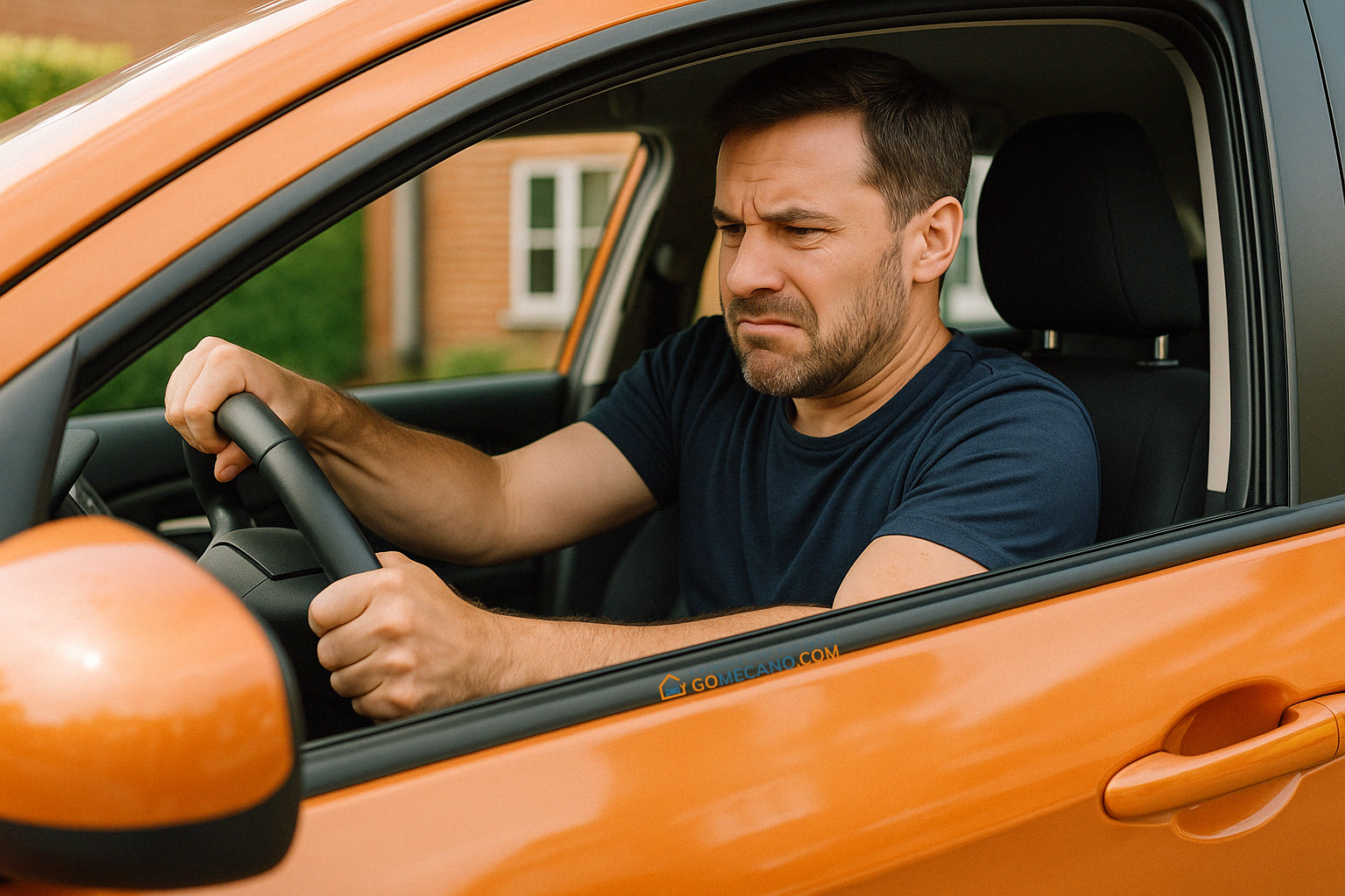 Homme qui a du mal à tourner le volant à cause d'un problÚme de direction assistée