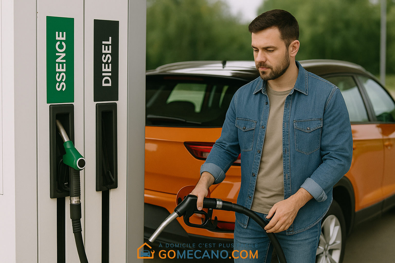 Homme qui est devant une pompe à essence et de diesel par GOMECANO.COM