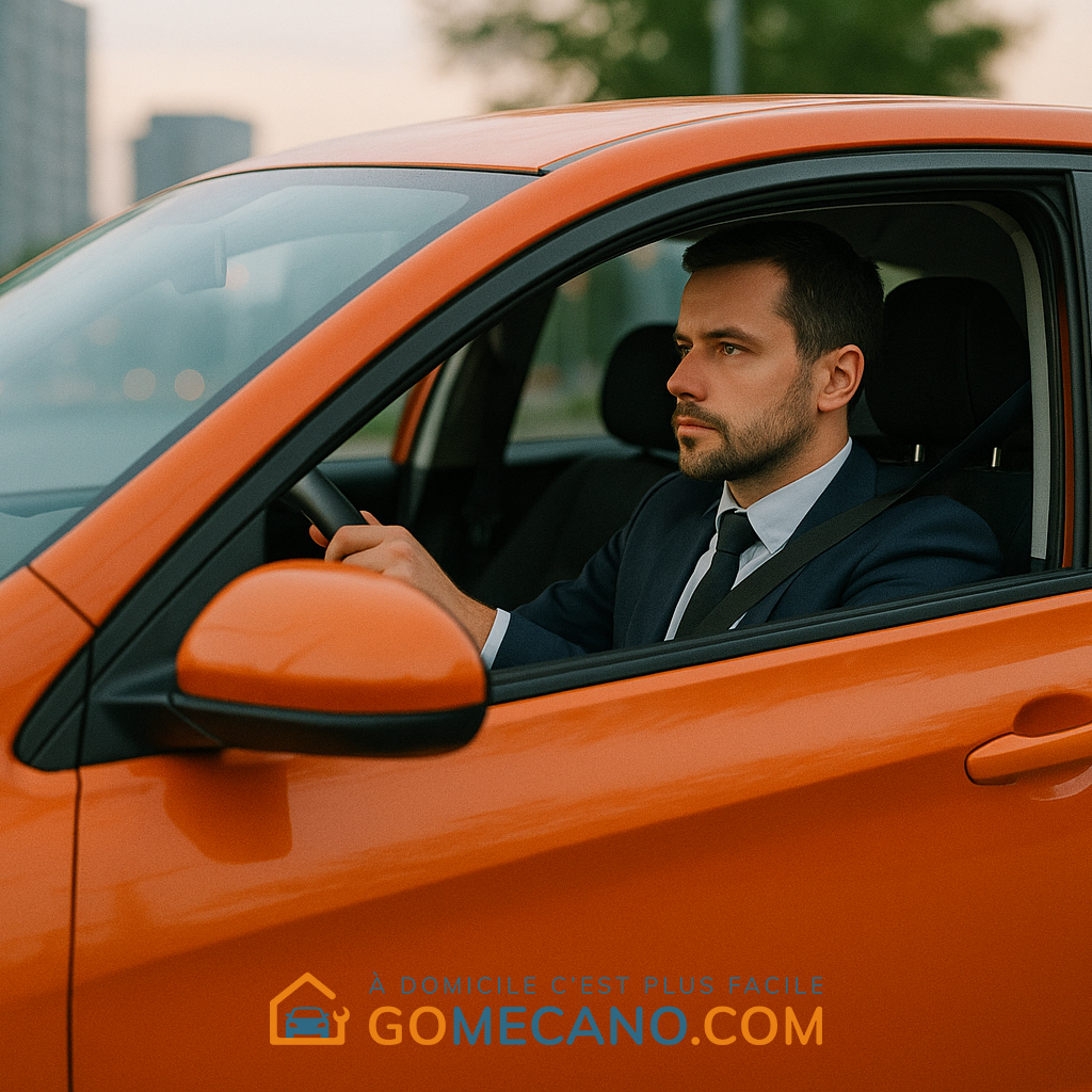 Homme qui fait le trajet travail-maison dans sa voiture orange par GOMECANO.COM