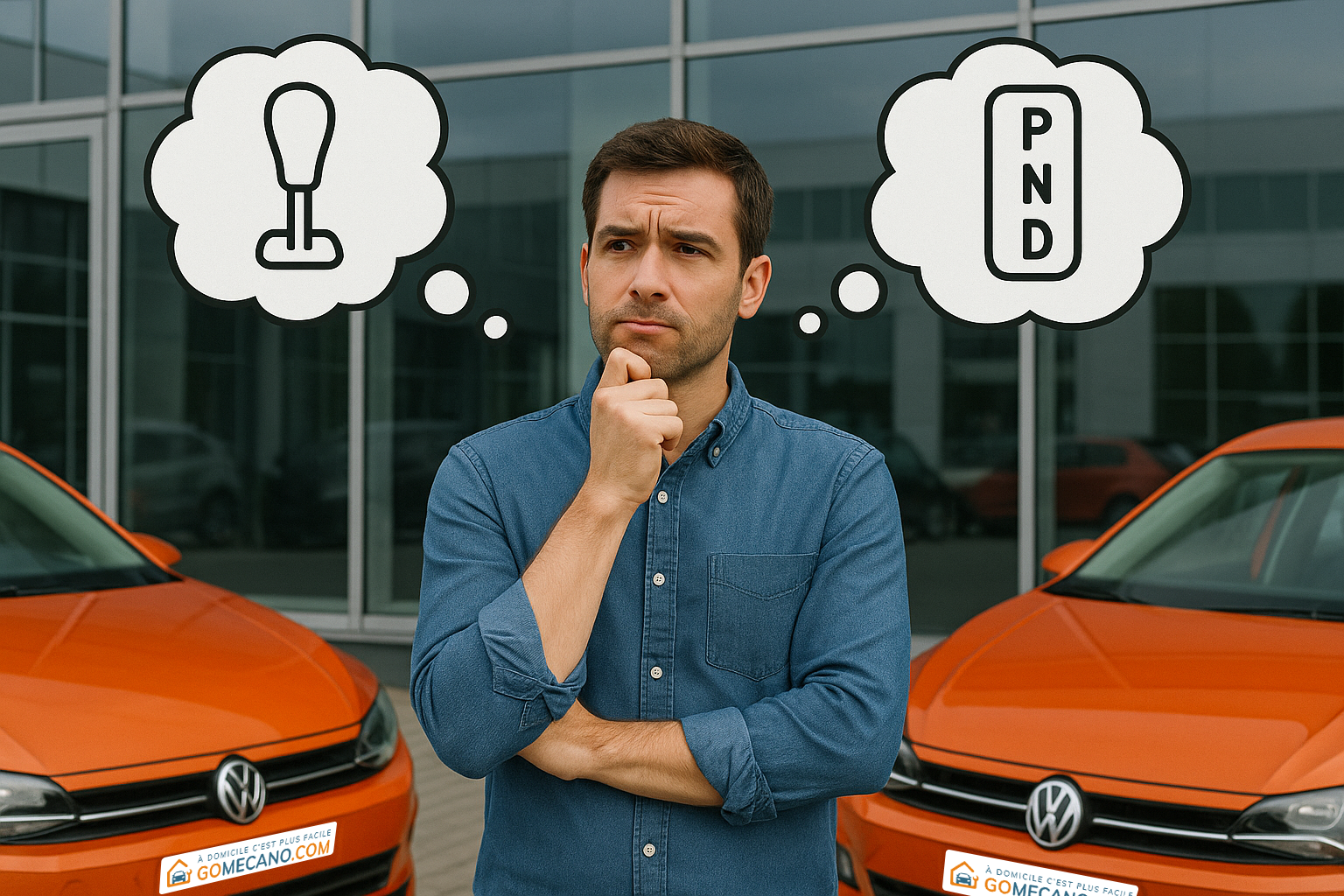 Homme qui hésite entre une voiture manuelle et une voiture automatique par GOMECANO.COM
