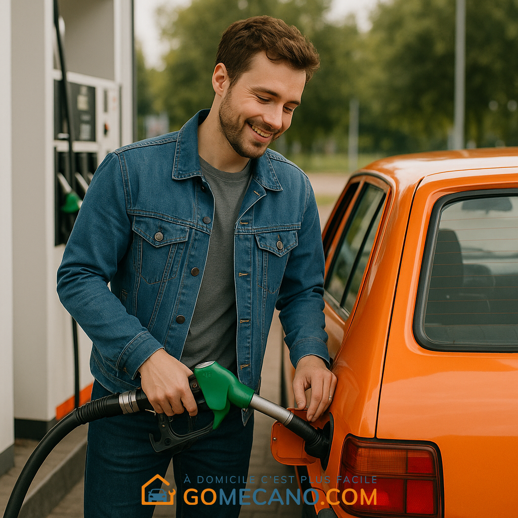 Homme qui met le plein dans sa voiture orange par GOMECANO.COM