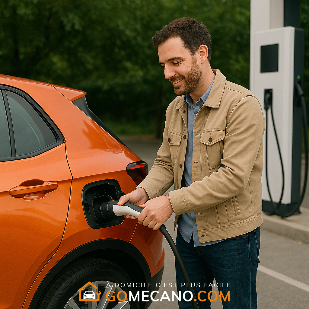 Homme qui recharge sa voiture électrique par GOMECANO.COM