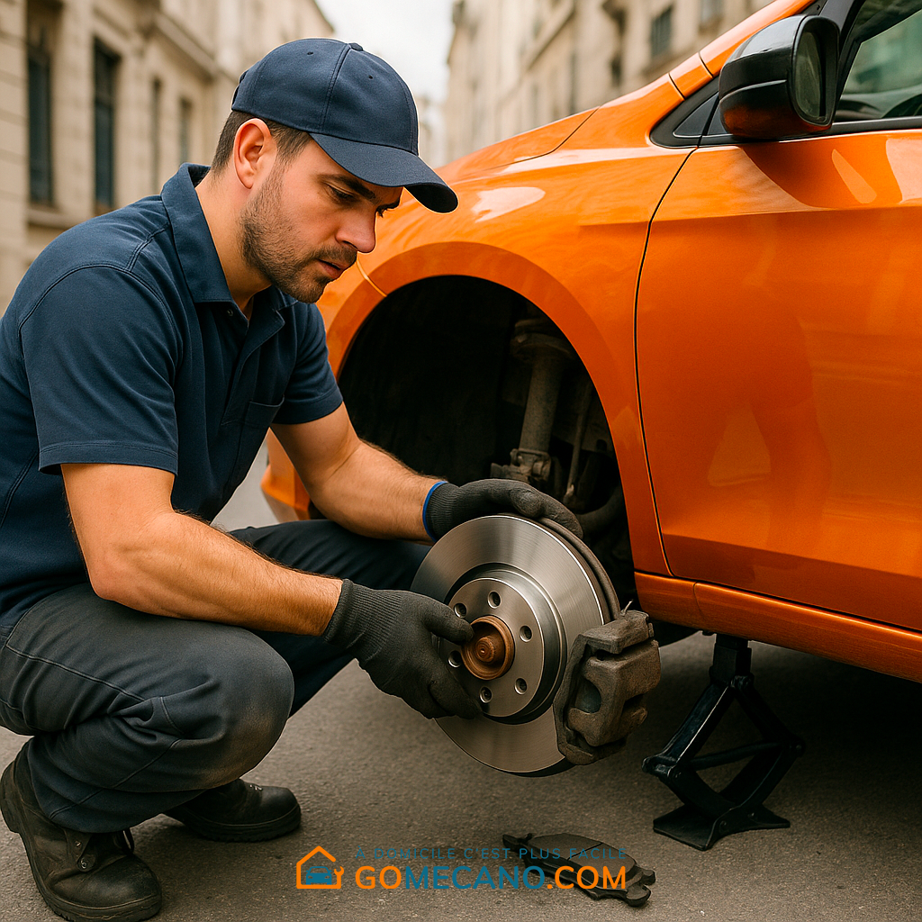 Gomécanicien qui change les disques et plaquettes d'un véhicule orange par GOMECANO.COM