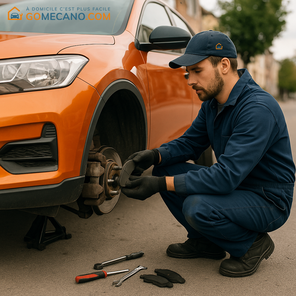 Mécanicien qui change les plaquettes avant sur un véhicule orange par GOMECANO.COM