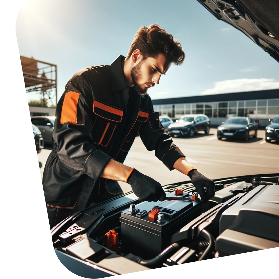 mécanicien mobile changeant une batterie sur une voiture de flotte par gomecano