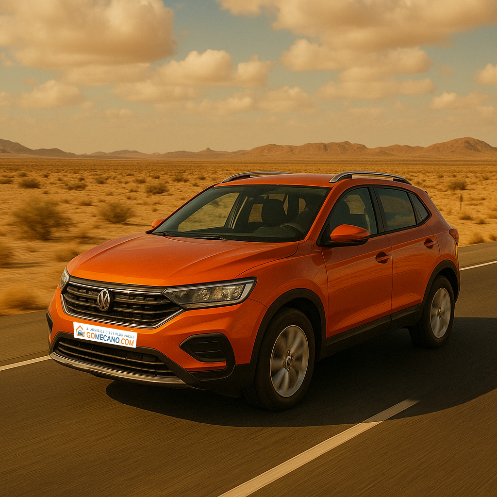 Véhicule orange qui roule en zone chaude et sèche par GOMECANO.COM