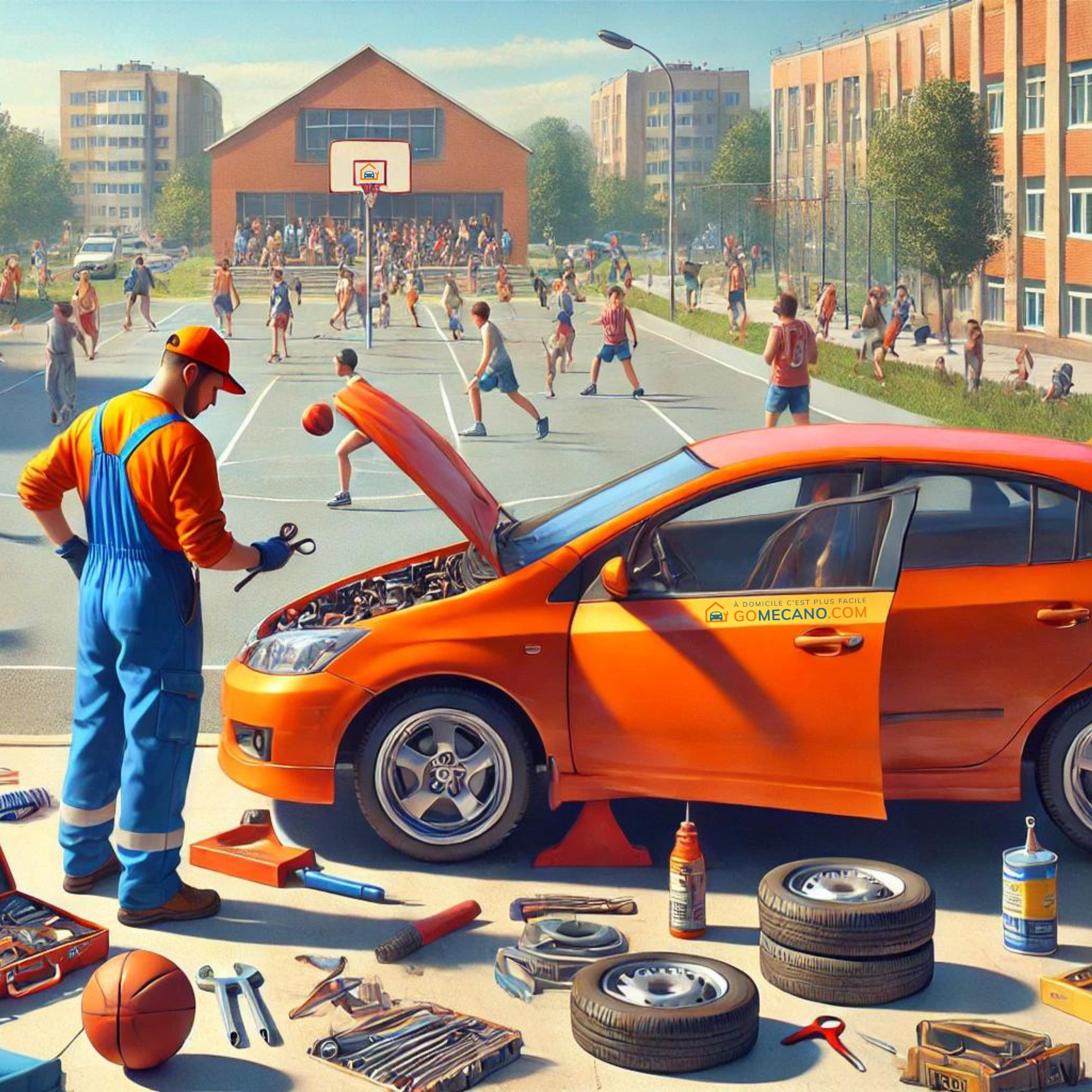 Gomécanicien qui répare la voiture d'une maman en attendant que son enfant finisse son activité extra-scolaire par GOMECANO.COM