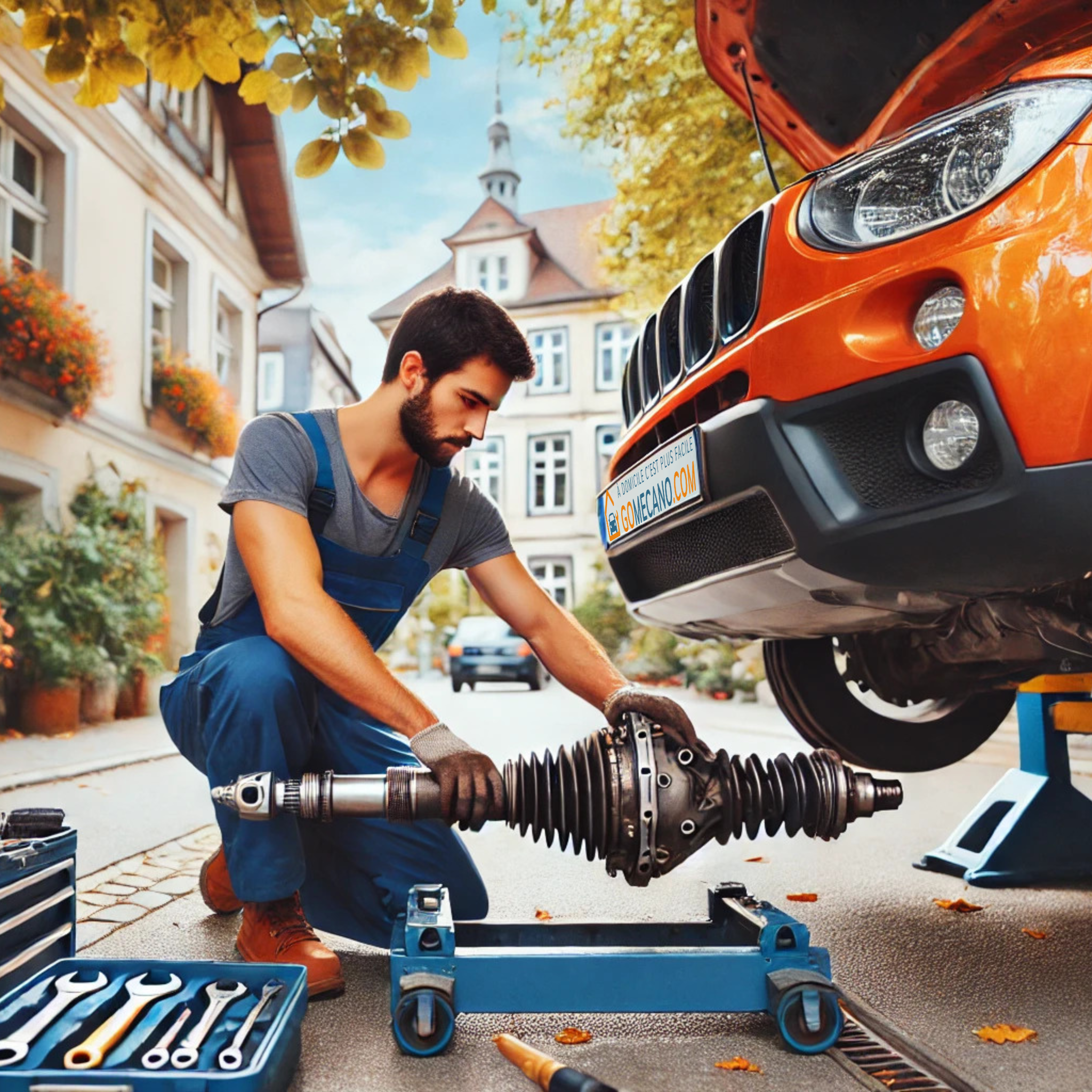 Gomécanicien qui change l'arbre à transmission sur une voiture orange par GOMECANO.COM