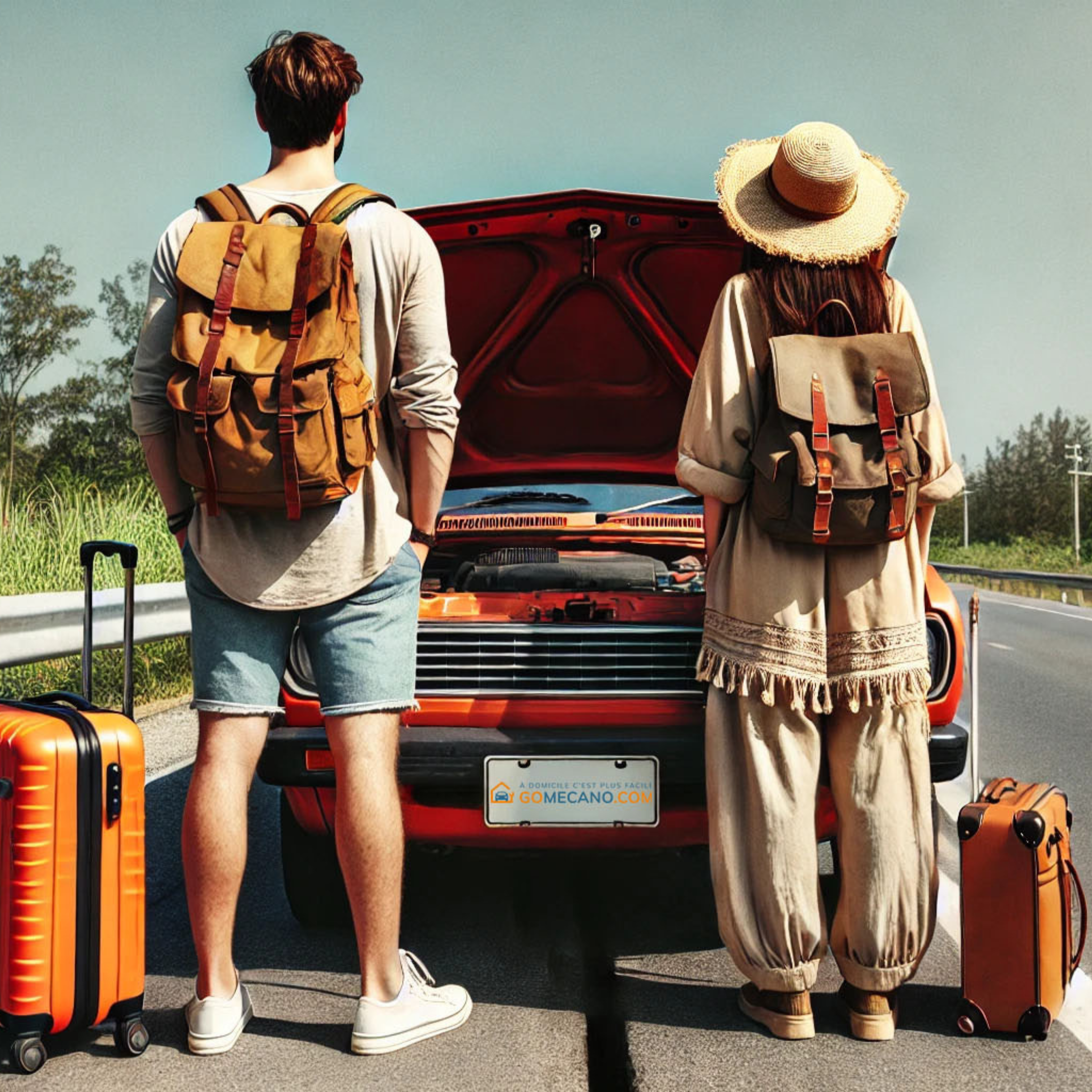 Famille en panne sur le bord de la route en partant en vacances par GOMECANO