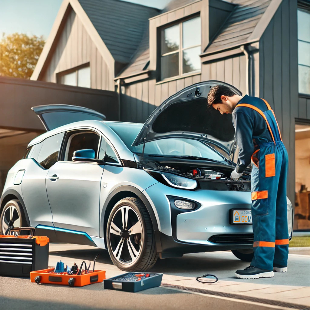 Gomécanicien faisant l'entretien automnale sur un véhicule électrique à domicile