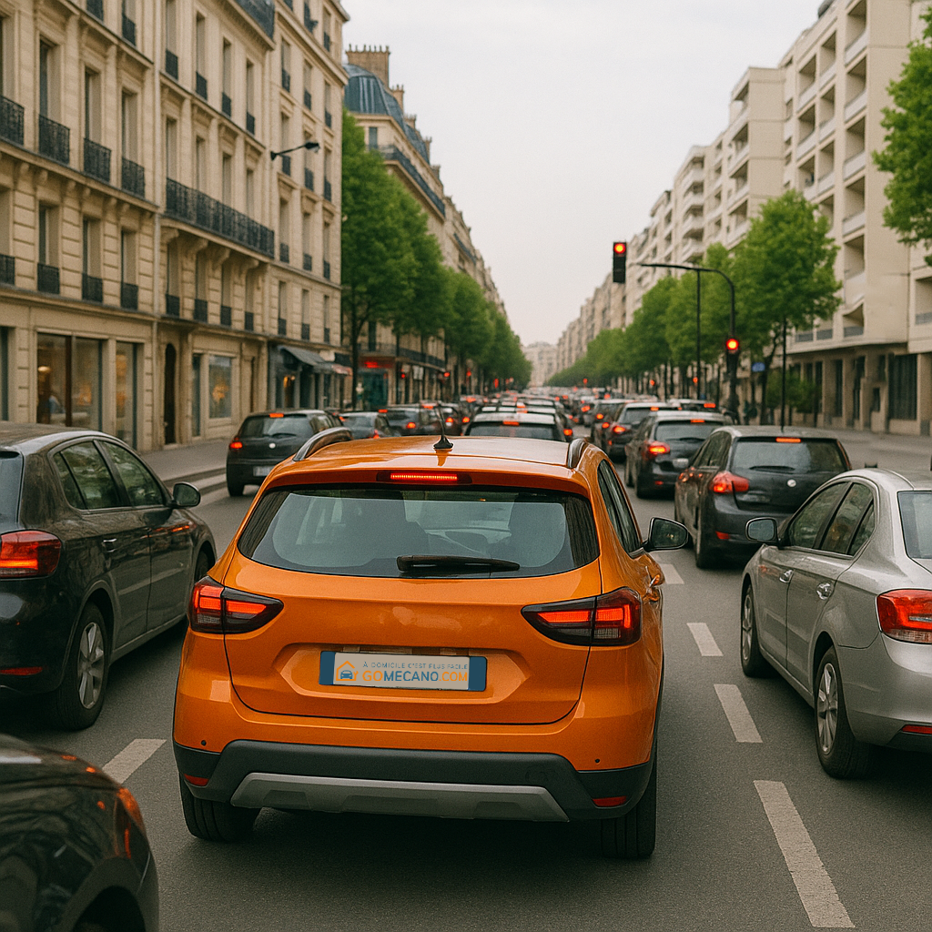Voiture orange qui avance en environnement urbain et pollué par GOMECANO.COM