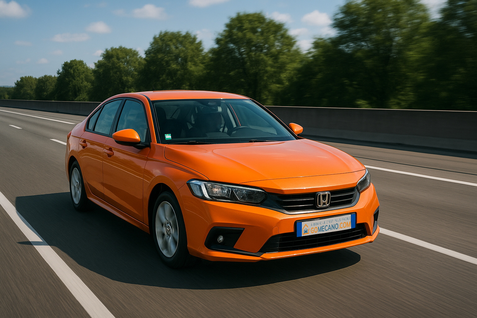 Voiture orange sur l'autoroute