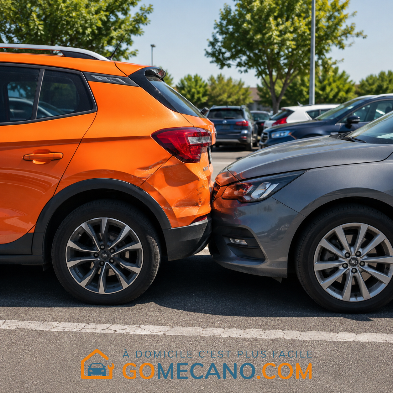 Voiture orange qui se fait accrocher sur un parking par GOMECANO.COM