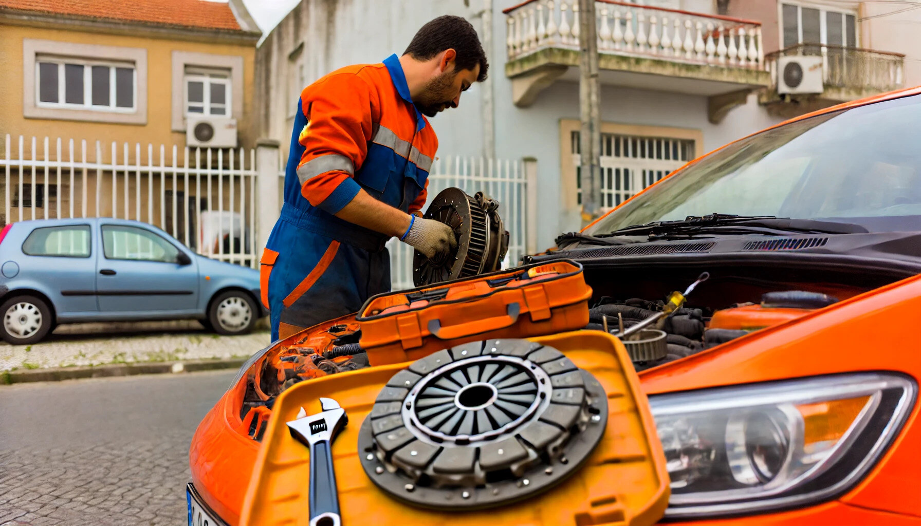 Un mécanicien qui change le kit d'embrayage d'une voiture orange par GOMECANO.COM