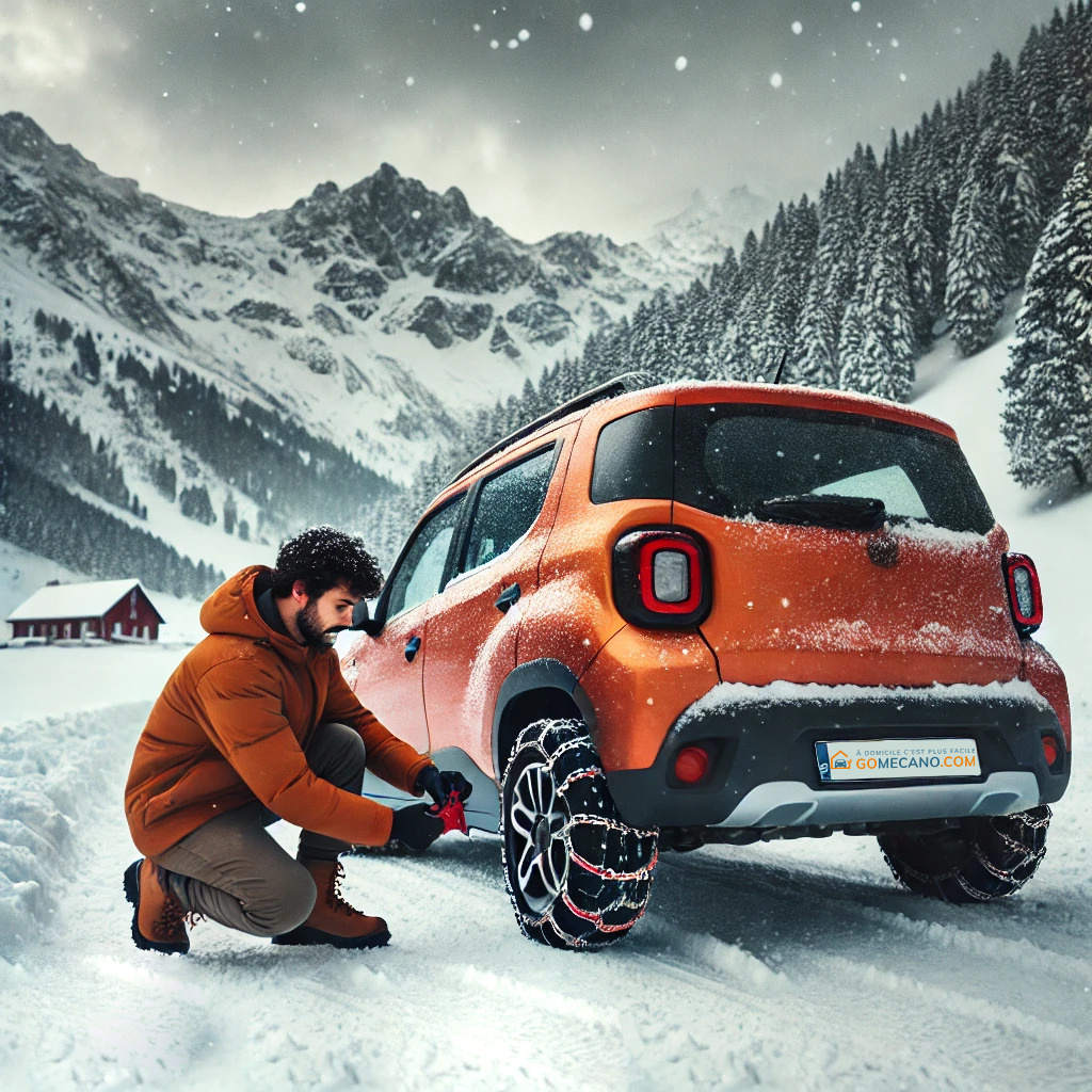 Homme qui met des chaînes sur son véhicule en hiver par GOMECANO.COM