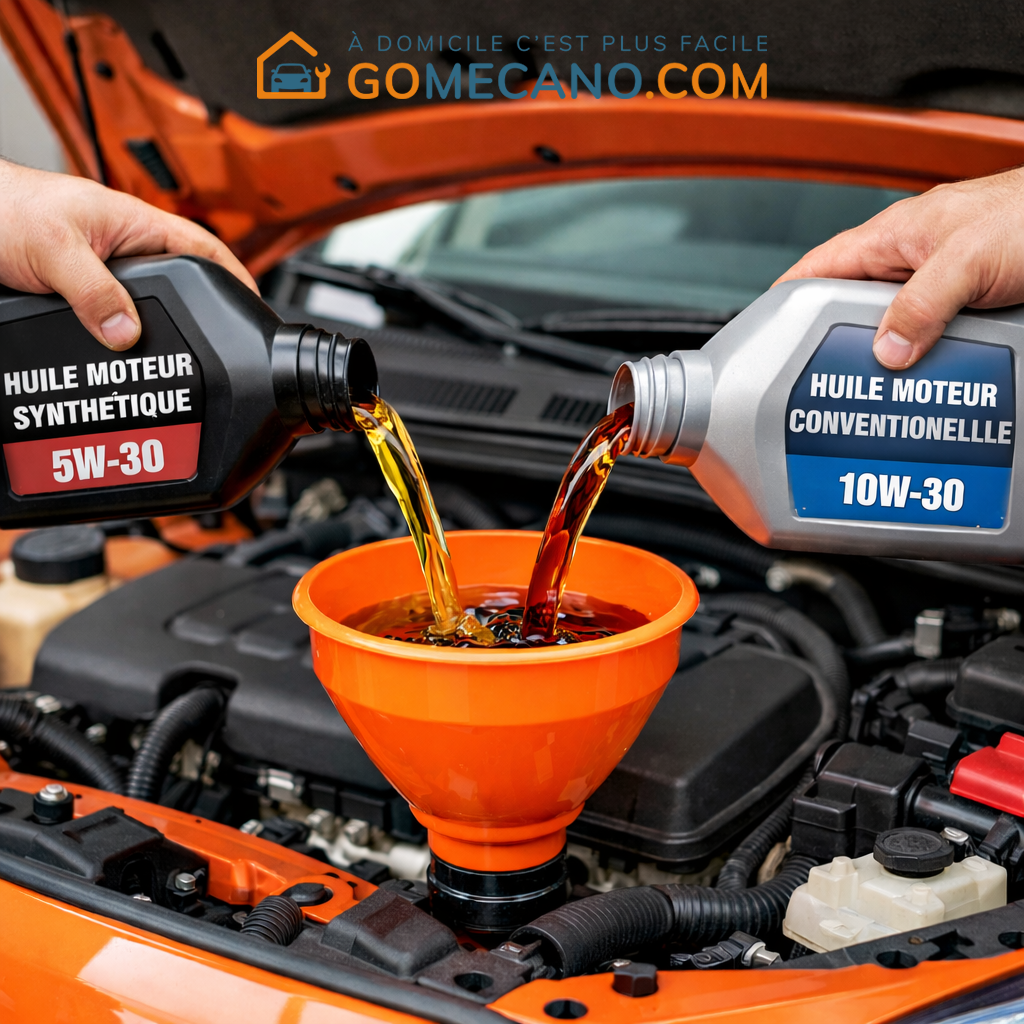 Voiture orange qui a un mélange de deux huile moteurs - par GOMECANO.COM